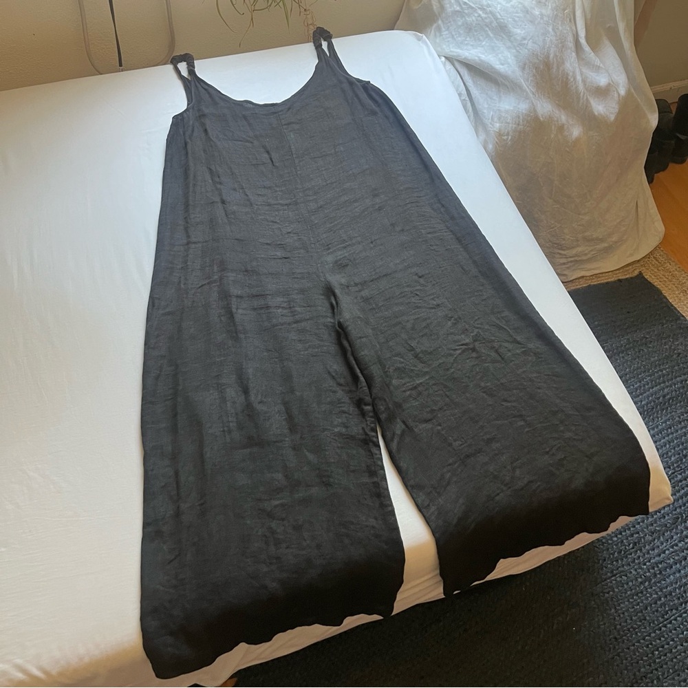 BEACHWOOD BABY black linen scoop neck wide straight leg cropped jumpsuit